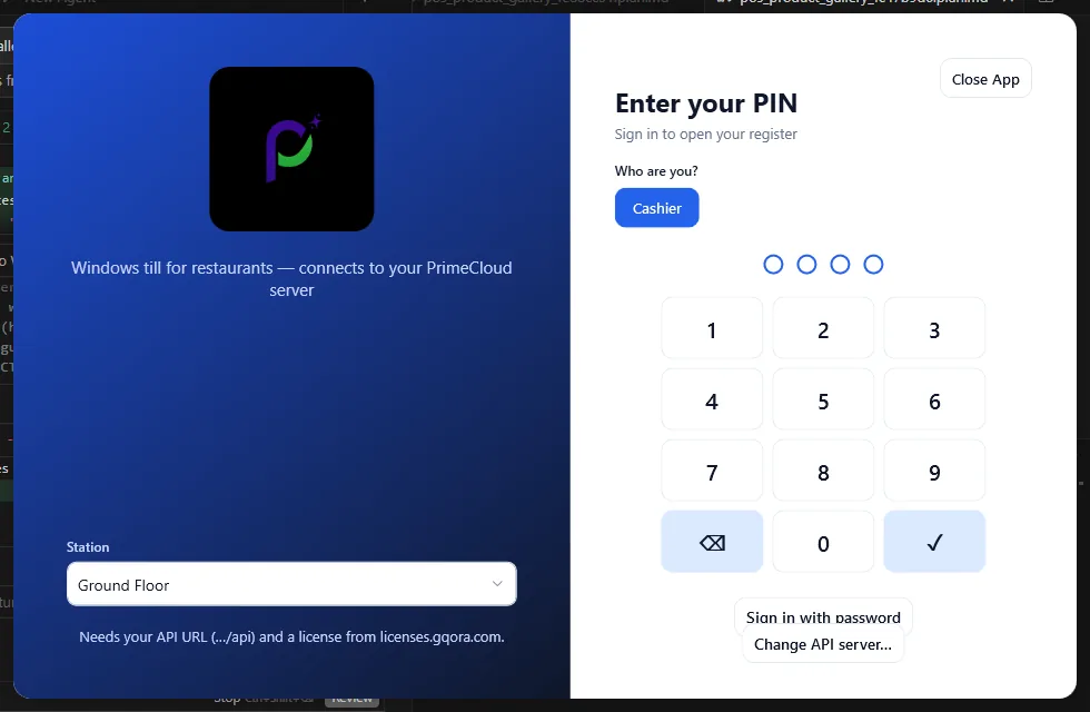 GQORA POS till sign-in with PIN chips and keypad